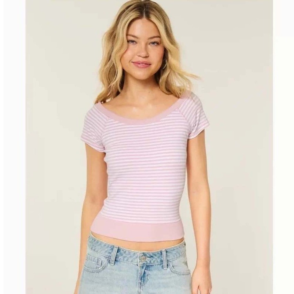 Hollister Womens XS Pink Stripe Banded Scoop Neck Baby Tee Y2K Coquette Mall